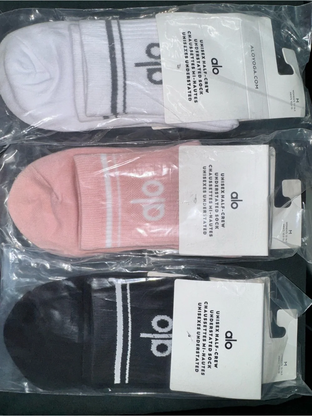 Alo Yoga Unisex Half Crew Socks 3 Pair Bundle White Pink Black Size M